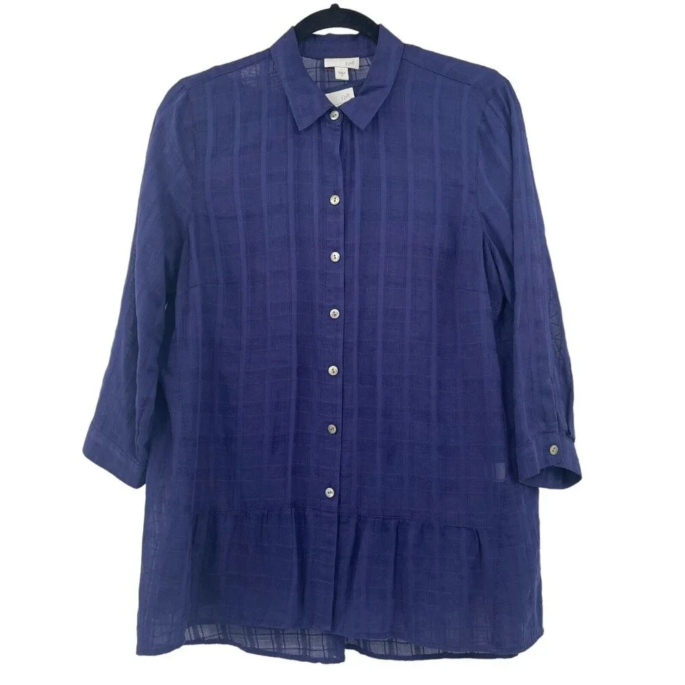J Jill Woman Blouse Blue Jacquard 3/4 Sleeve Elliptical Top Tunic size small She